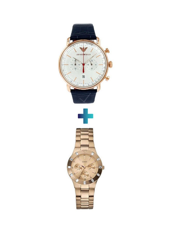 جس Women's Stainless Steel Chronograph Watch W16017L1 With Leather Analog Wrist Watch AR11123 Set - Image 1