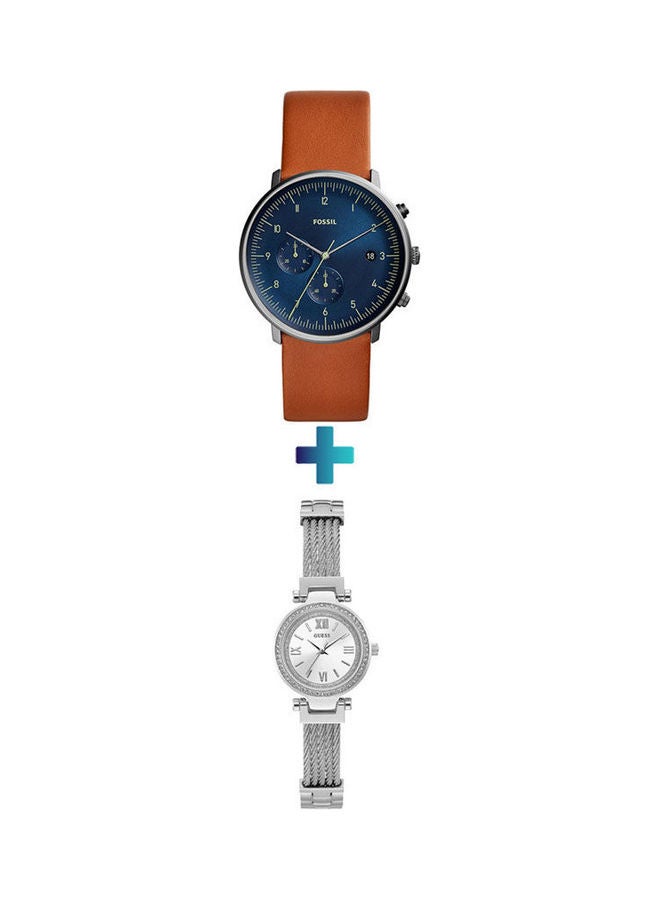 جس طقم ساعة يد بعقارب وسوار من الاستانلس ستيل طراز W1009L1 مع ساعة تشيس كرونوغراف بسوار من الجلد طراز FS5486 للنساء - Image 1