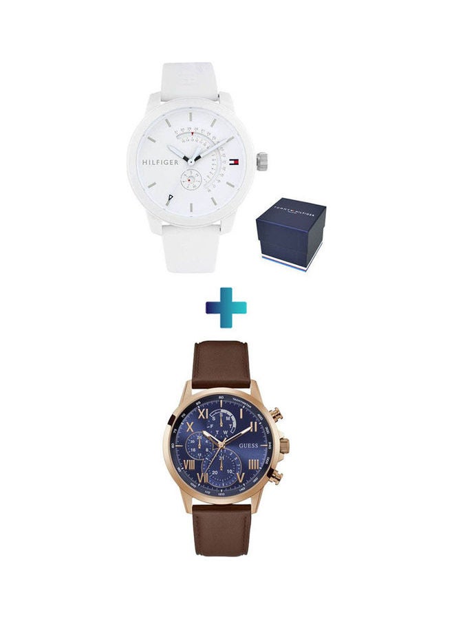 جس ساعة يد بعقارب وسوار من الجلد طراز GW0011G4 مع ساعة يد بعقارب وسوار من المطاط للرجال طراز 1791481 للنساء - Image 1