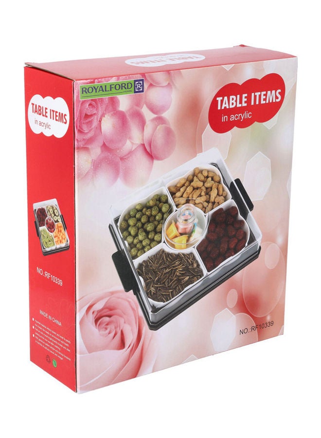 Royalford 5-Compartment Designed Square Acrylic Candy Tray With Transparent Lid White 30x34.2x10cm  - Image 1