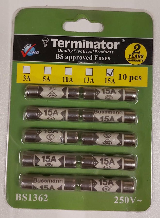 Terminator 10-Piece Ceramic Fuse 250V 15A Set Silver 25mm  - Image 1