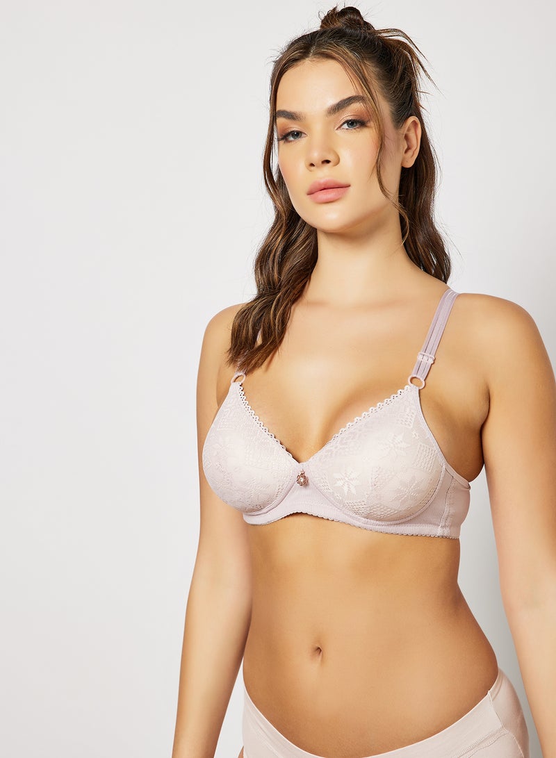 hush-hush mermaid - Star Patterned Plunge Bra with Lace Detail Dusty Purple - Image 1