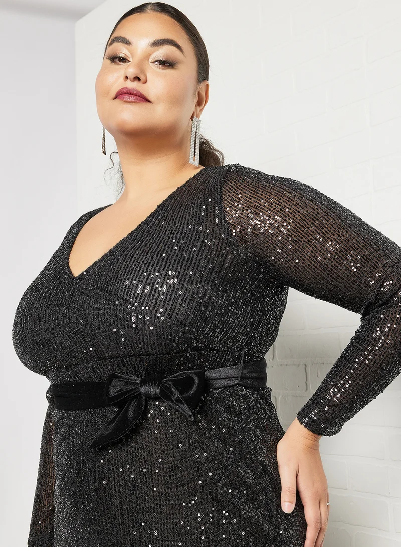 فيرو مودا كيرف Sequin Long Sleeve Dress أسود