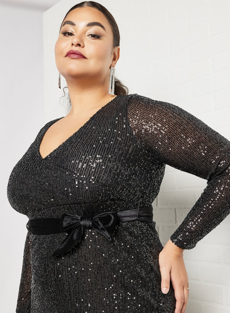 Vero Moda Curve Plus Size Sequin Wrap Mini Dress Black  - Image 3
