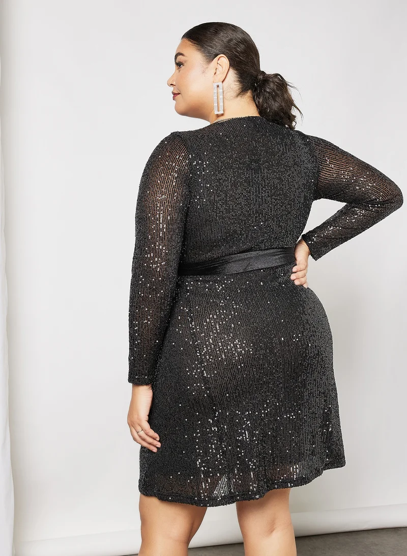 فيرو مودا كيرف Sequin Long Sleeve Dress أسود