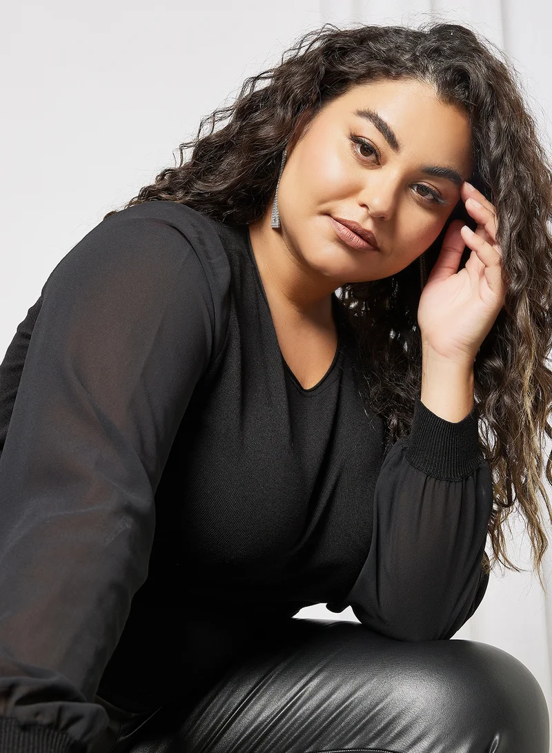 Only Carmakoma Plus Size Sheer Sleeve Top Black