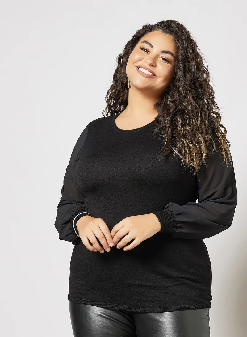 Only Carmakoma Plus Size Sheer Sleeve Top Black