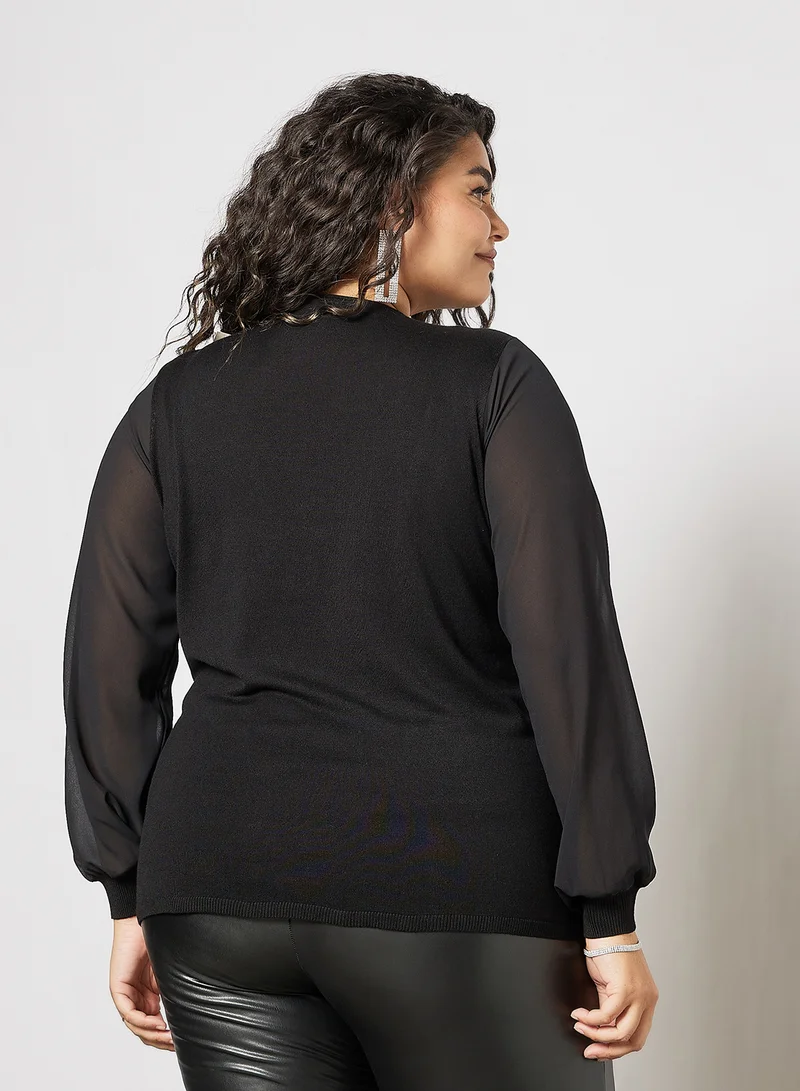 Only Carmakoma Plus Size Sheer Sleeve Top Black