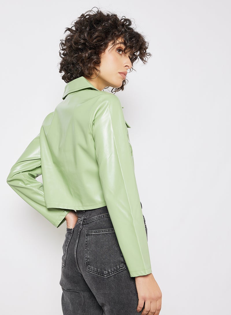 LABEL RAIL - Cropped Faux Leather Jacket Green - Image 1