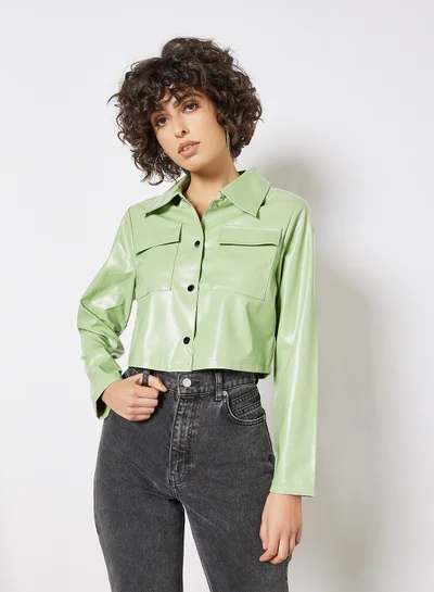 LABEL RAIL Cropped Faux Leather Jacket Green