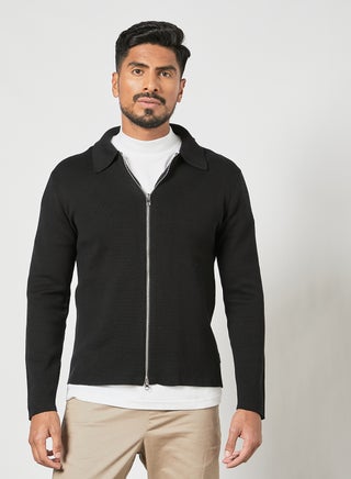 Collared Zipper Cardigan Black
