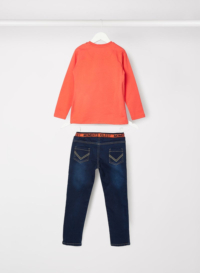 بيبي بول طقم من بنطال جينز وتيشيرت مزين برسومات للأطفال برتقالي/أزرق - Image 2