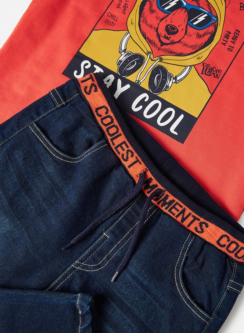 بيبي بول طقم من بنطال جينز وتيشيرت مزين برسومات للأطفال برتقالي/أزرق - Image 3