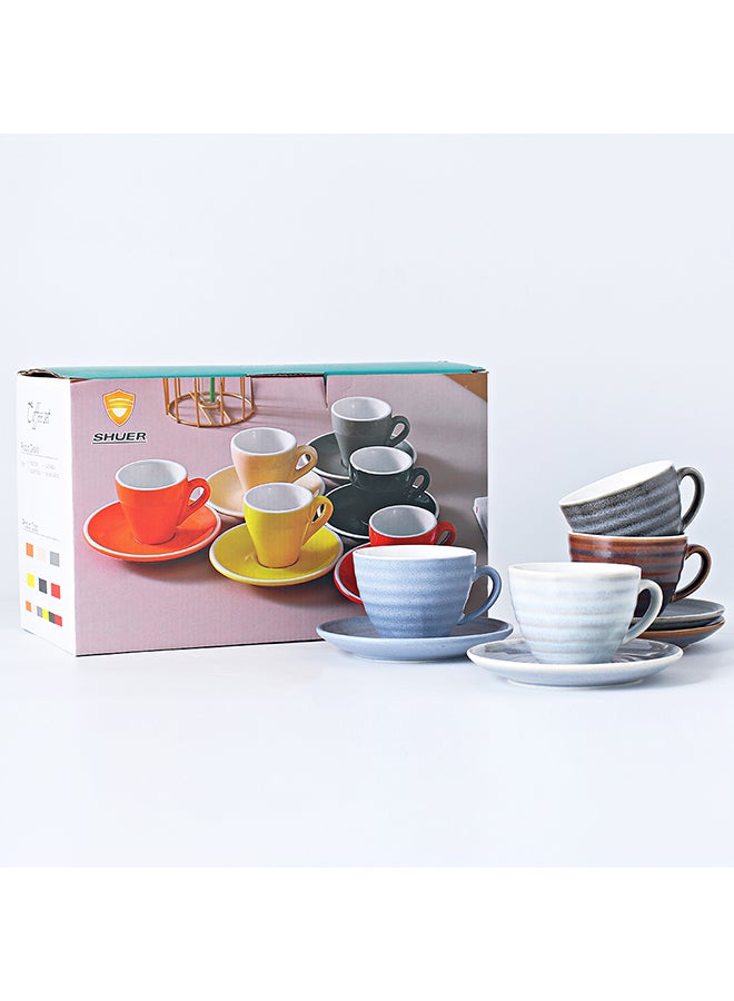 Shuer - 8-Piece Kiln Variable Glaze Process Round Linear Ceramic Coffee Cup And Saucer Set Multicolour 11x9x6.5cm - Image 1
