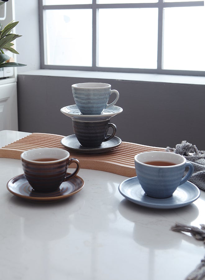 Shuer - 8-Piece Kiln Variable Glaze Process Round Linear Ceramic Coffee Cup And Saucer Set Multicolour 11x9x6.5cm - Image 1