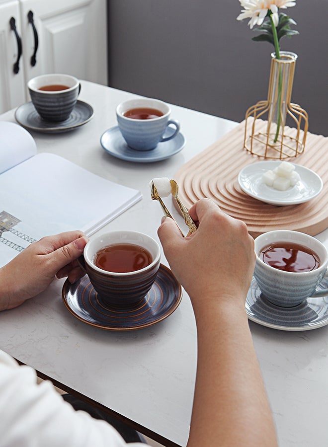 Shuer - 8-Piece Kiln Variable Glaze Process Round Linear Ceramic Coffee Cup And Saucer Set Multicolour 11x9x6.5cm - Image 1