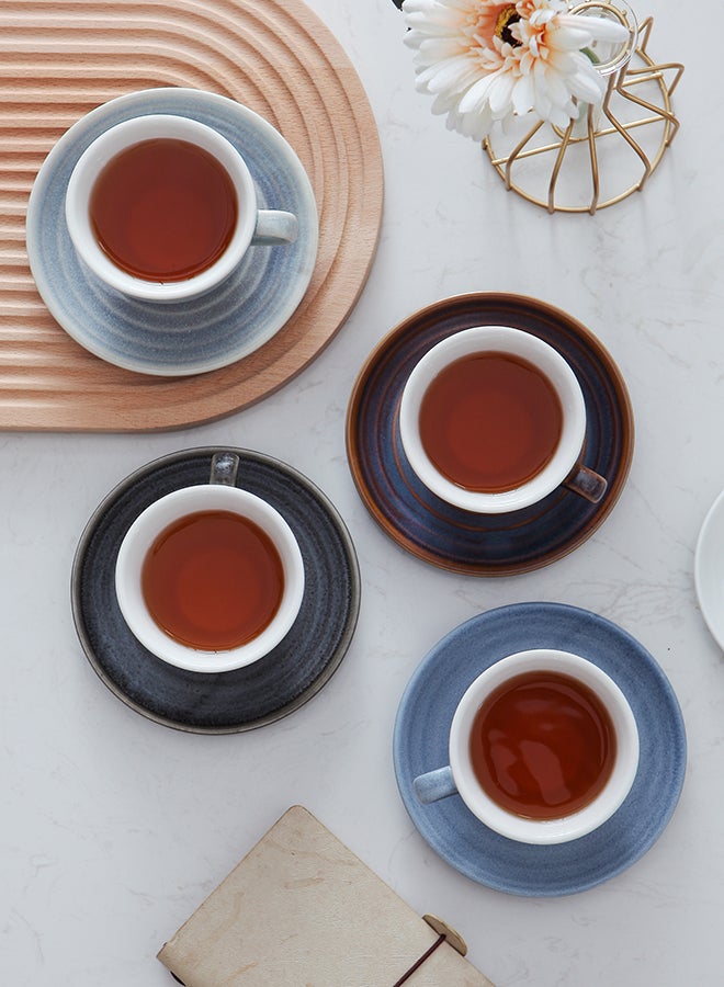 Shuer - 8-Piece Kiln Variable Glaze Process Round Linear Ceramic Coffee Cup And Saucer Set Multicolour 11x9x6.5cm - Image 1