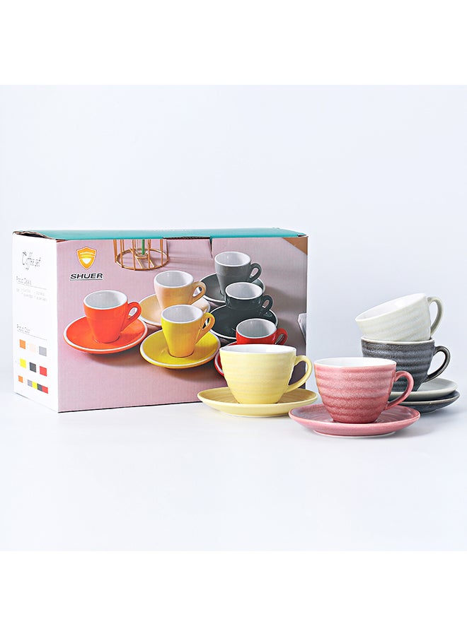 شور طقم فناجين قهوة مع صحون من السيراميك بتصميم طولي من 8 قطع من كيلن وردي / بنفسجي / أصفر 11x9x6.5سم - Image 3
