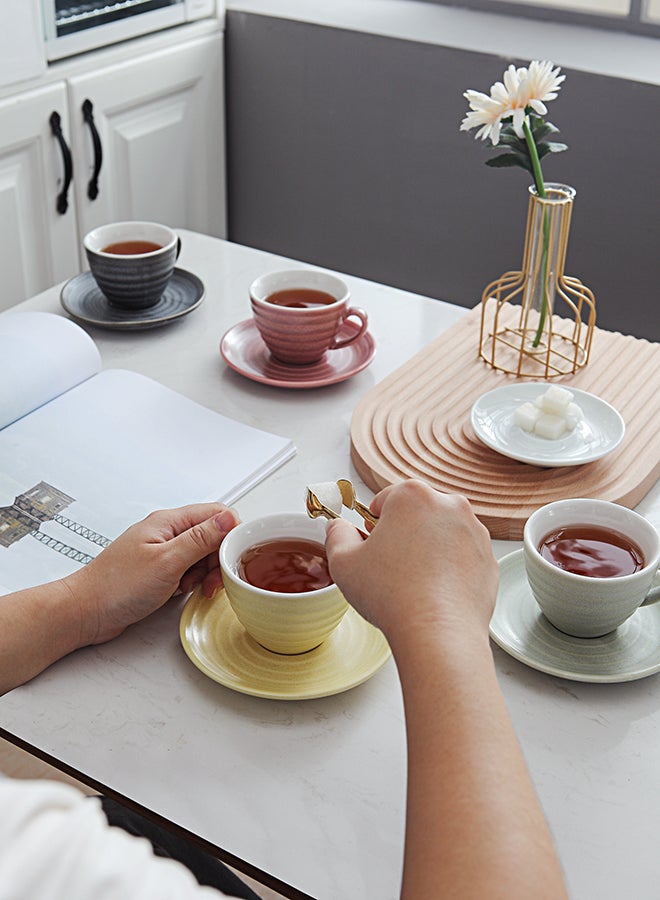 شور طقم فناجين قهوة مع صحون من السيراميك بتصميم طولي من 8 قطع من كيلن وردي / بنفسجي / أصفر 11x9x6.5سم - Image 5