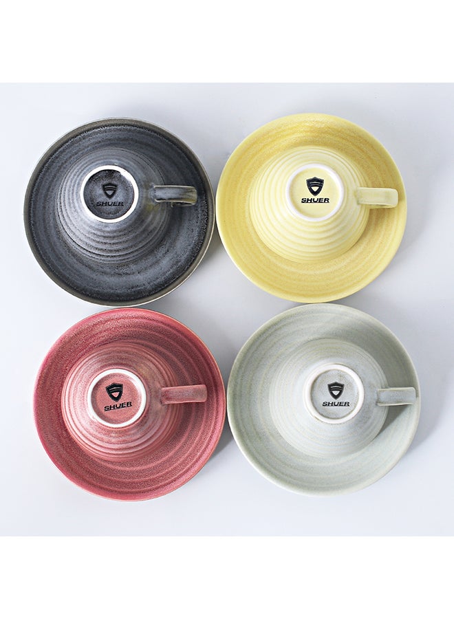 شور طقم فناجين قهوة مع صحون من السيراميك بتصميم طولي من 8 قطع من كيلن وردي / بنفسجي / أصفر 11x9x6.5سم - Image 2