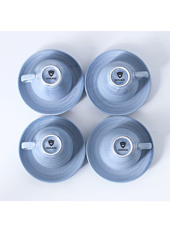 Shuer 8-Piece Kiln Variable Glaze Process Round Linear Ceramic Coffee Cup And Saucer Set Blue 11x9x6.5cm - Image 2