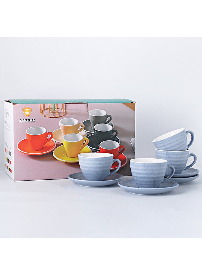 Shuer 8-Piece Kiln Variable Glaze Process Round Linear Ceramic Coffee Cup And Saucer Set Blue 11x9x6.5cm - Image 3