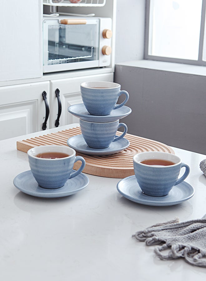 Shuer 8-Piece Kiln Variable Glaze Process Round Linear Ceramic Coffee Cup And Saucer Set Blue 11x9x6.5cm - Image 4