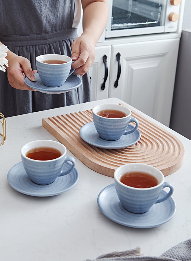 Shuer 8-Piece Kiln Variable Glaze Process Round Linear Ceramic Coffee Cup And Saucer Set Blue 11x9x6.5cm - Image 5