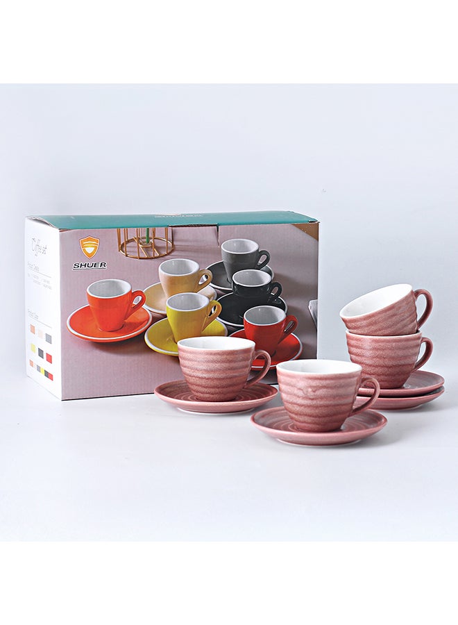 Shuer 8-Piece Kiln Variable Glaze Process Round Linear Ceramic Coffee Cup And Saucer Set Red 11x9x6.5cm - Image 3