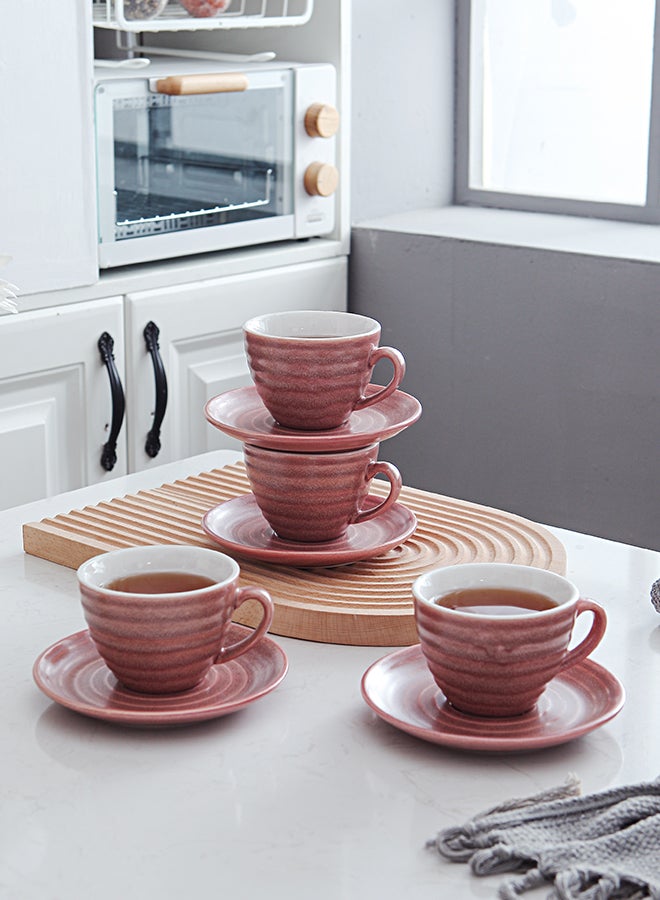 Shuer 8-Piece Kiln Variable Glaze Process Round Linear Ceramic Coffee Cup And Saucer Set Red 11x9x6.5cm - Image 4