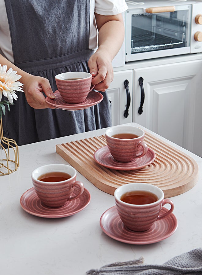 Shuer 8-Piece Kiln Variable Glaze Process Round Linear Ceramic Coffee Cup And Saucer Set Red 11x9x6.5cm - Image 5