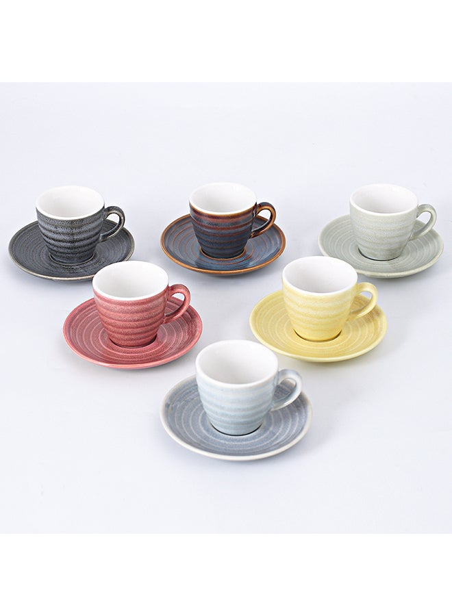 Shuer - 12-Piece Kiln Variable Glaze Process Round Linear Ceramic Cup And Saucer Set Multicolour 11x9x6.5cm - Image 1