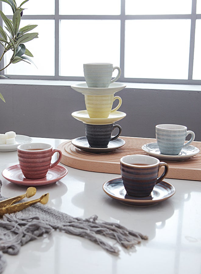 Shuer - 12-Piece Kiln Variable Glaze Process Round Linear Ceramic Cup And Saucer Set Multicolour 11x9x6.5cm - Image 1