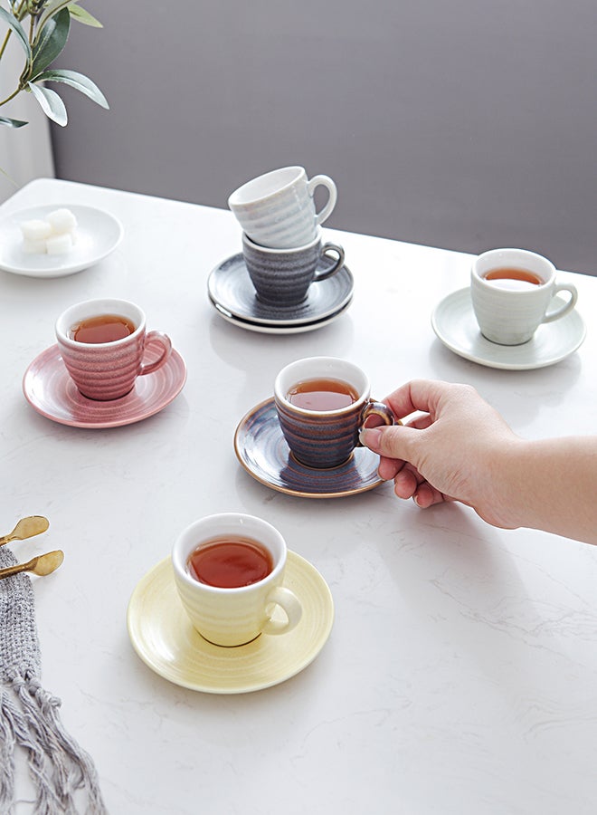 Shuer - 12-Piece Kiln Variable Glaze Process Round Linear Ceramic Cup And Saucer Set Multicolour 11x9x6.5cm - Image 1