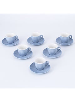 12-Piece Kiln Variable Glaze Process Round Linear Ceramic Cup And Saucer Set Blue/White 11x9x6.5cm
