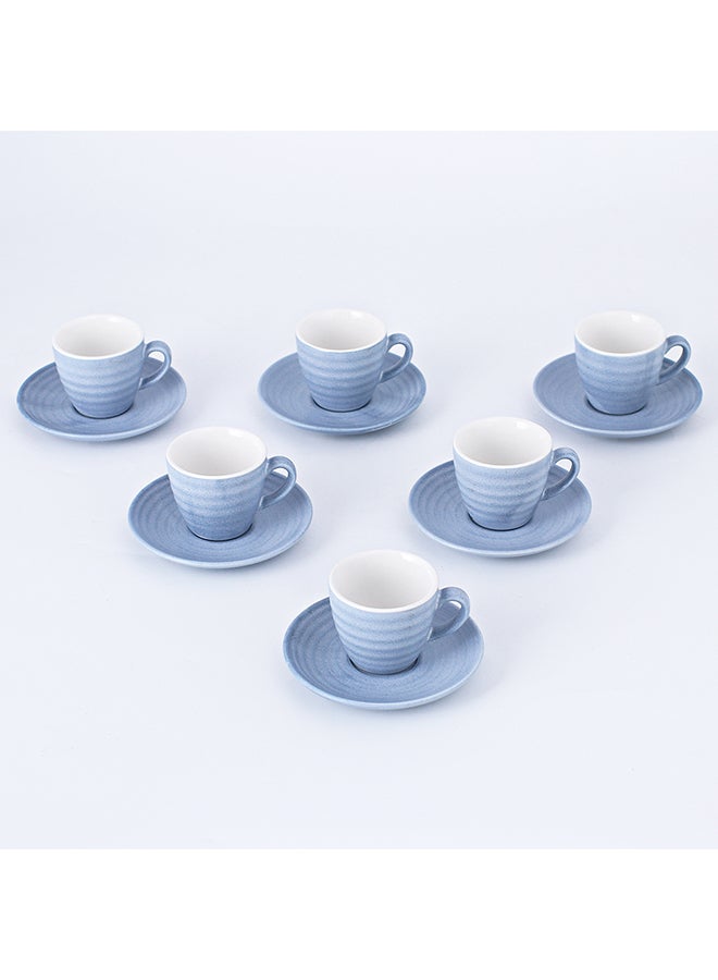 Shuer - 12-Piece Kiln Variable Glaze Process Round Linear Ceramic Cup And Saucer Set Blue/White 11x9x6.5cm - Image 1
