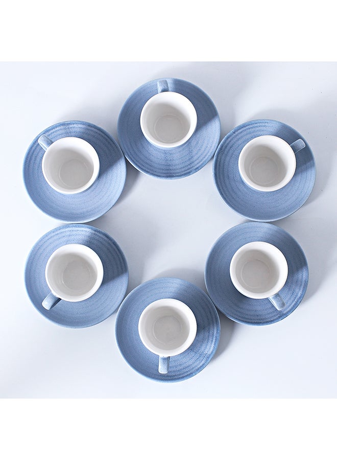 Shuer - 12-Piece Kiln Variable Glaze Process Round Linear Ceramic Cup And Saucer Set Blue/White 11x9x6.5cm - Image 1