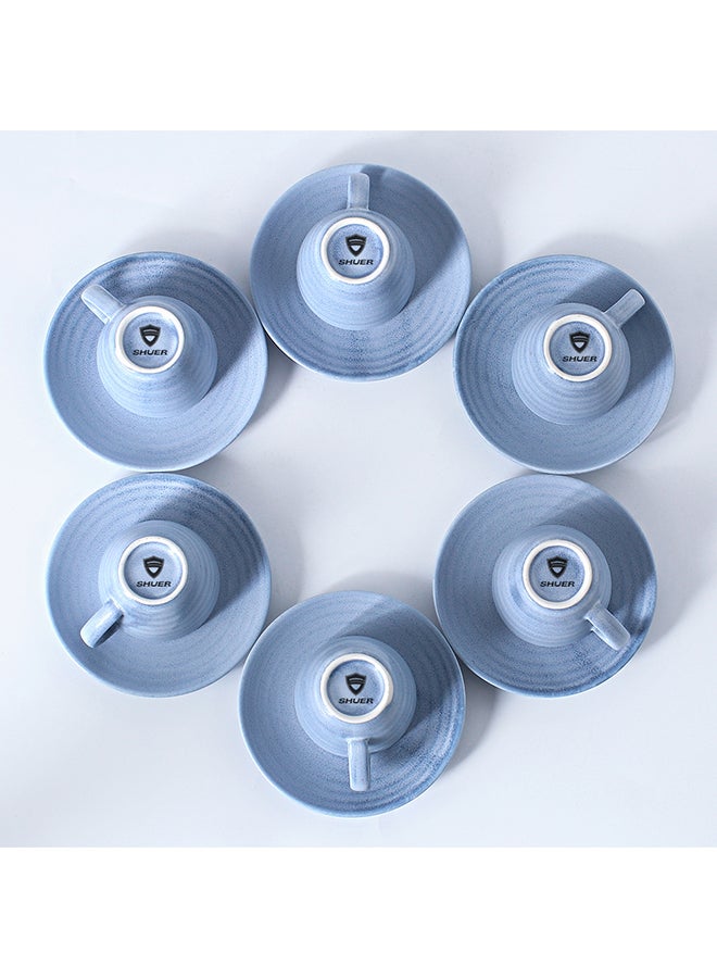 Shuer - 12-Piece Kiln Variable Glaze Process Round Linear Ceramic Cup And Saucer Set Blue/White 11x9x6.5cm - Image 1
