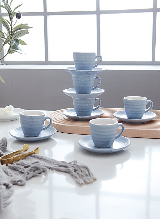 Shuer - 12-Piece Kiln Variable Glaze Process Round Linear Ceramic Cup And Saucer Set Blue/White 11x9x6.5cm - Image 1