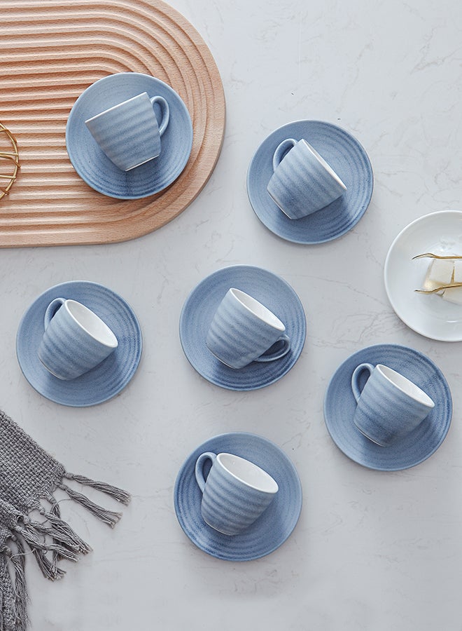 Shuer - 12-Piece Kiln Variable Glaze Process Round Linear Ceramic Cup And Saucer Set Blue/White 11x9x6.5cm - Image 1