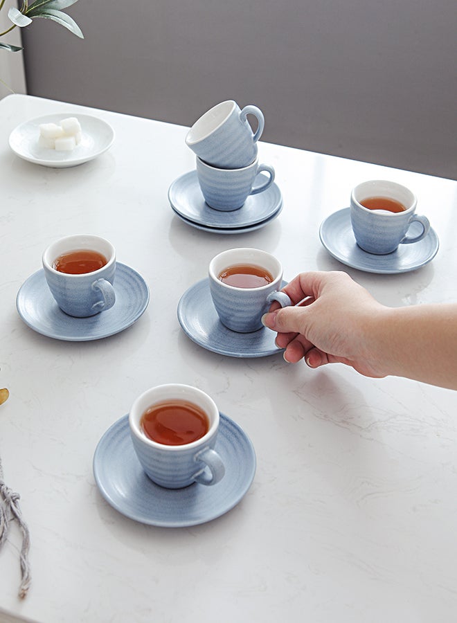 Shuer - 12-Piece Kiln Variable Glaze Process Round Linear Ceramic Cup And Saucer Set Blue/White 11x9x6.5cm - Image 1