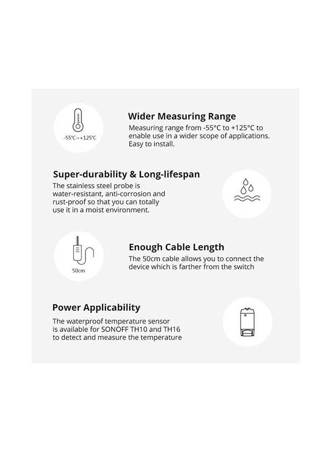 SONOFF - DIY DS18B20 Waterproof Temperature Sensor Operating Temperature Range: 55 C to +125 C 100 cm Cable Super-Durability & Long-Lifespan Black 100cm - Image 1