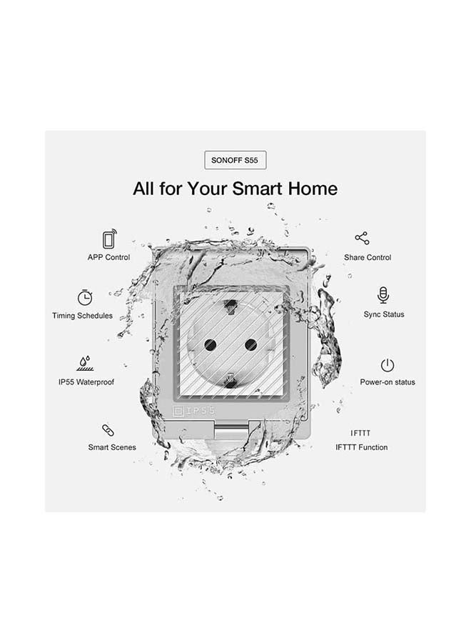 SONOFF - S55 WiFi Smart Socket UK IP55 Waterproof Smart Plug Outlet Timer Switch for Smart Home Compatible with Alexa & Google Home Assistant Grey 85x70x70mm - Image 1