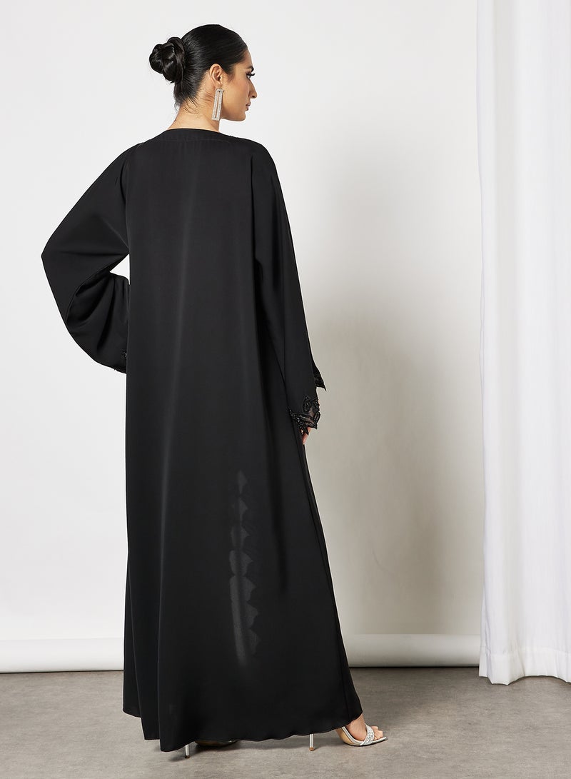 ROZA Abaya With Laise And Stone Hand Work Black  - Image 2