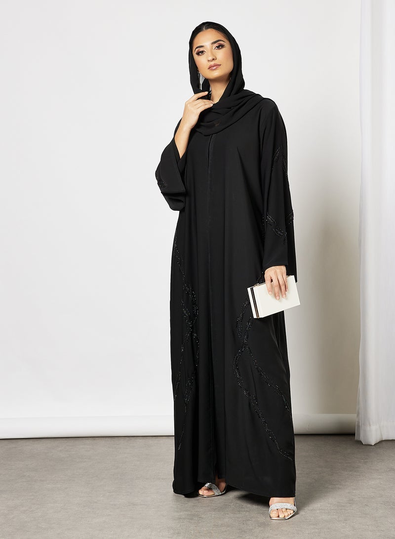 ROZA Abaya With Stone Hand Work Front And Sleeves Black  - Image 3