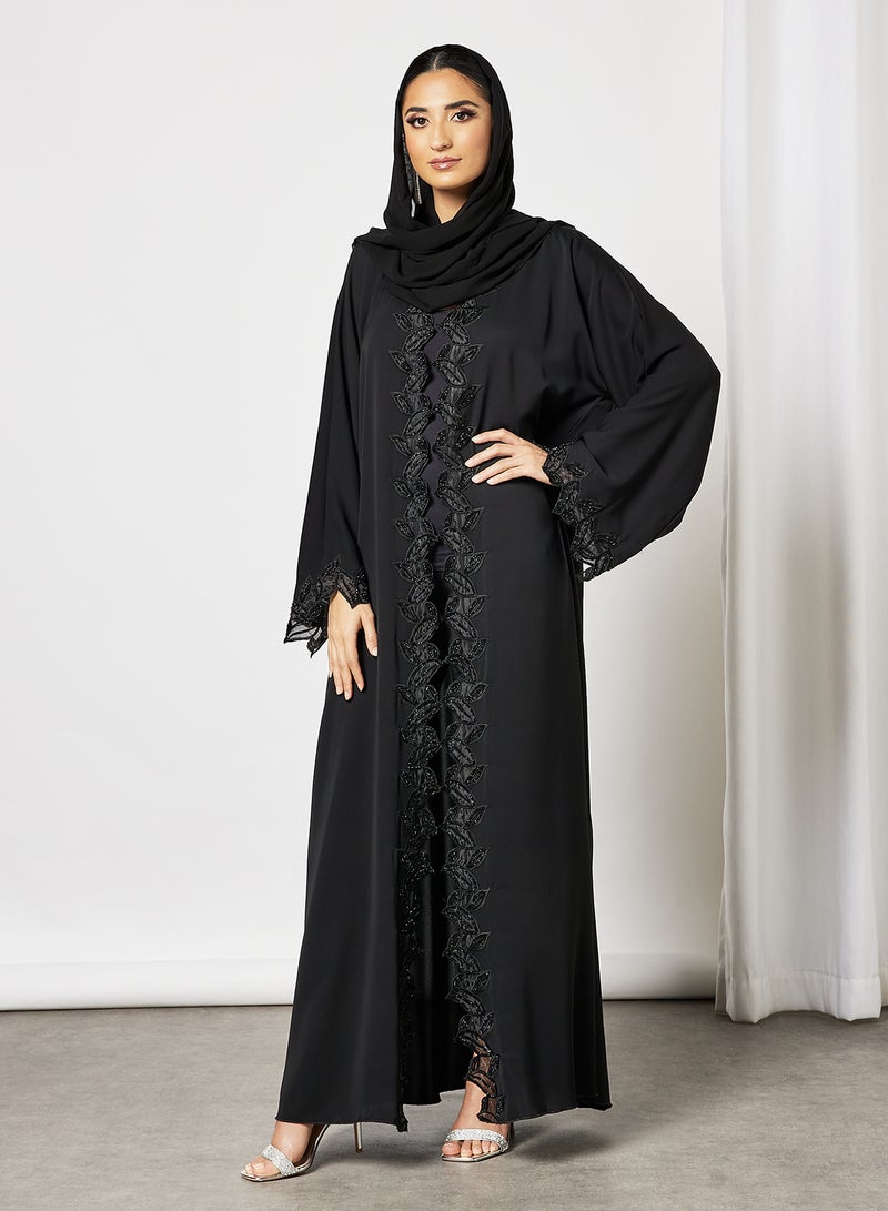 ROZA Abaya With Laise And Stone Hand Work Black  - Image 3