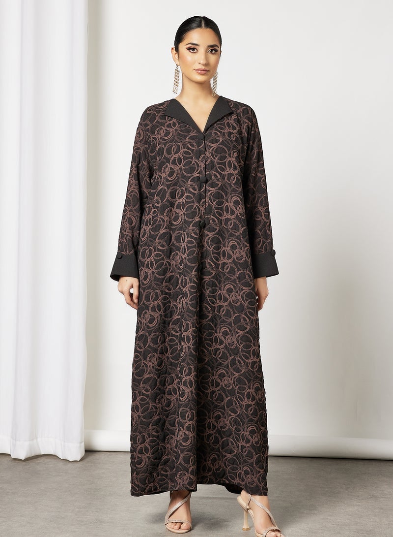 Bousni Coat Collared Self Printed Abaya Black/Brown  - Image 1