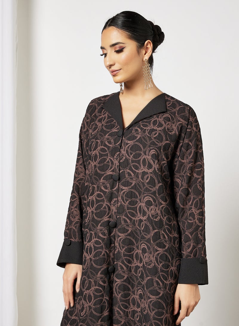 Bousni Coat Collared Self Printed Abaya Black/Brown  - Image 4
