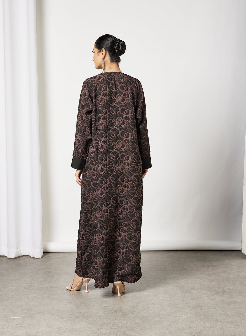 Bousni Coat Collared Self Printed Abaya Black/Brown  - Image 2