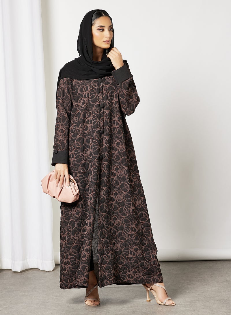 Bousni Coat Collared Self Printed Abaya Black/Brown  - Image 3